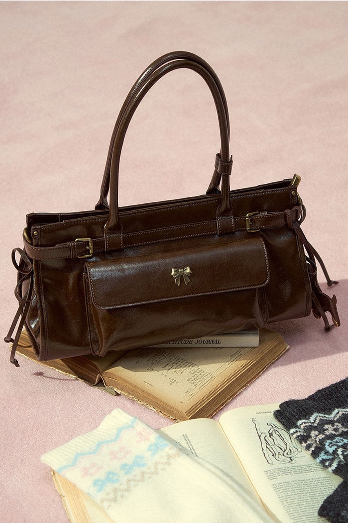 Brown Waxed Leather Shoulder Crossbody Tote Bag