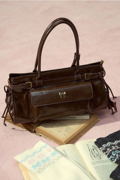 Brown Waxed Leather Shoulder Crossbody Tote Bag