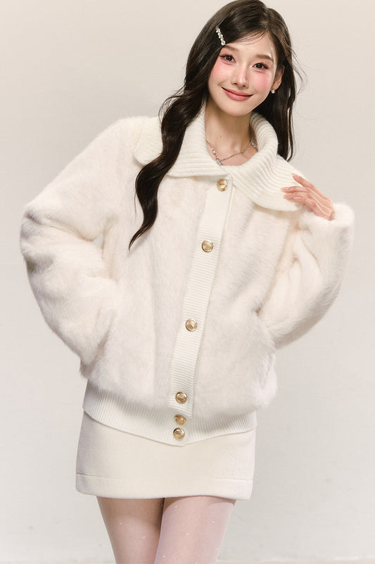 White Faux Fur Jacket and Skirt Set-Up