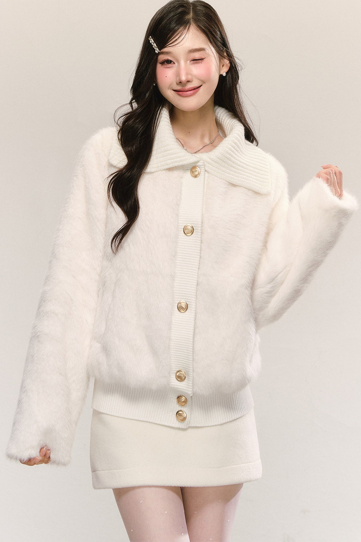 White Faux Fur Jacket and Skirt Set-Up