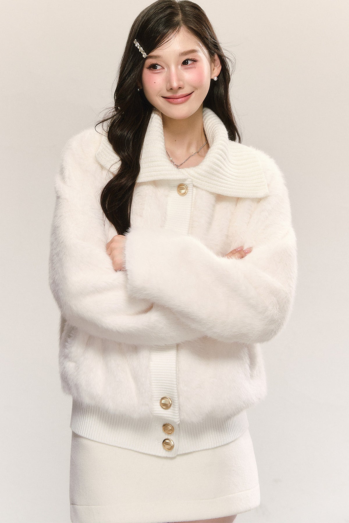 White Faux Fur Jacket and Skirt Set-Up