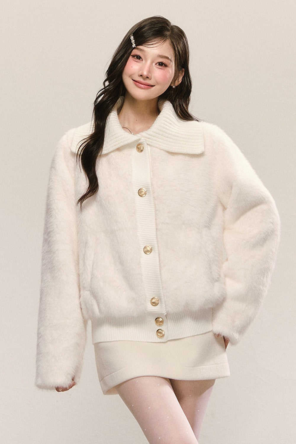 White Faux Fur Jacket and Skirt Set-Up