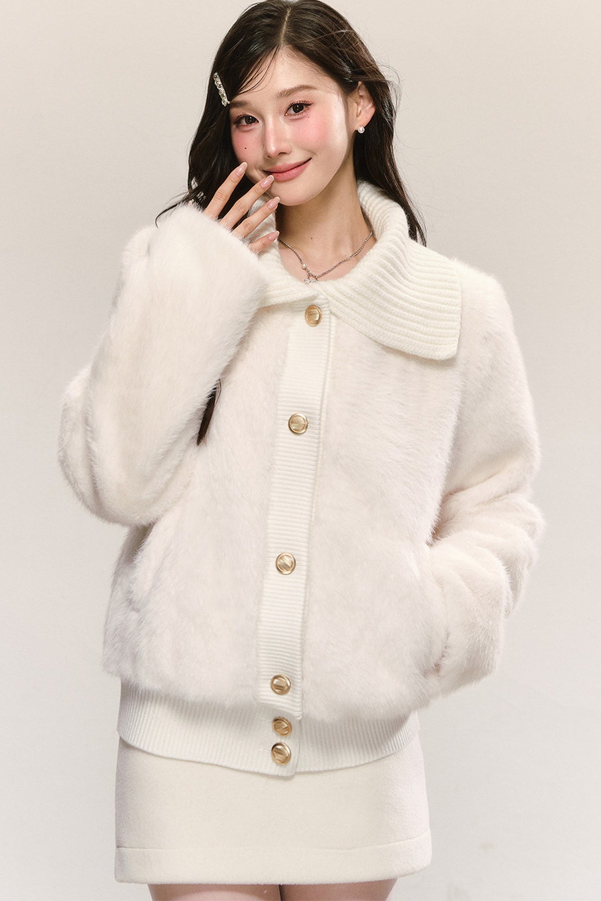 White Faux Fur Jacket and Skirt Set-Up