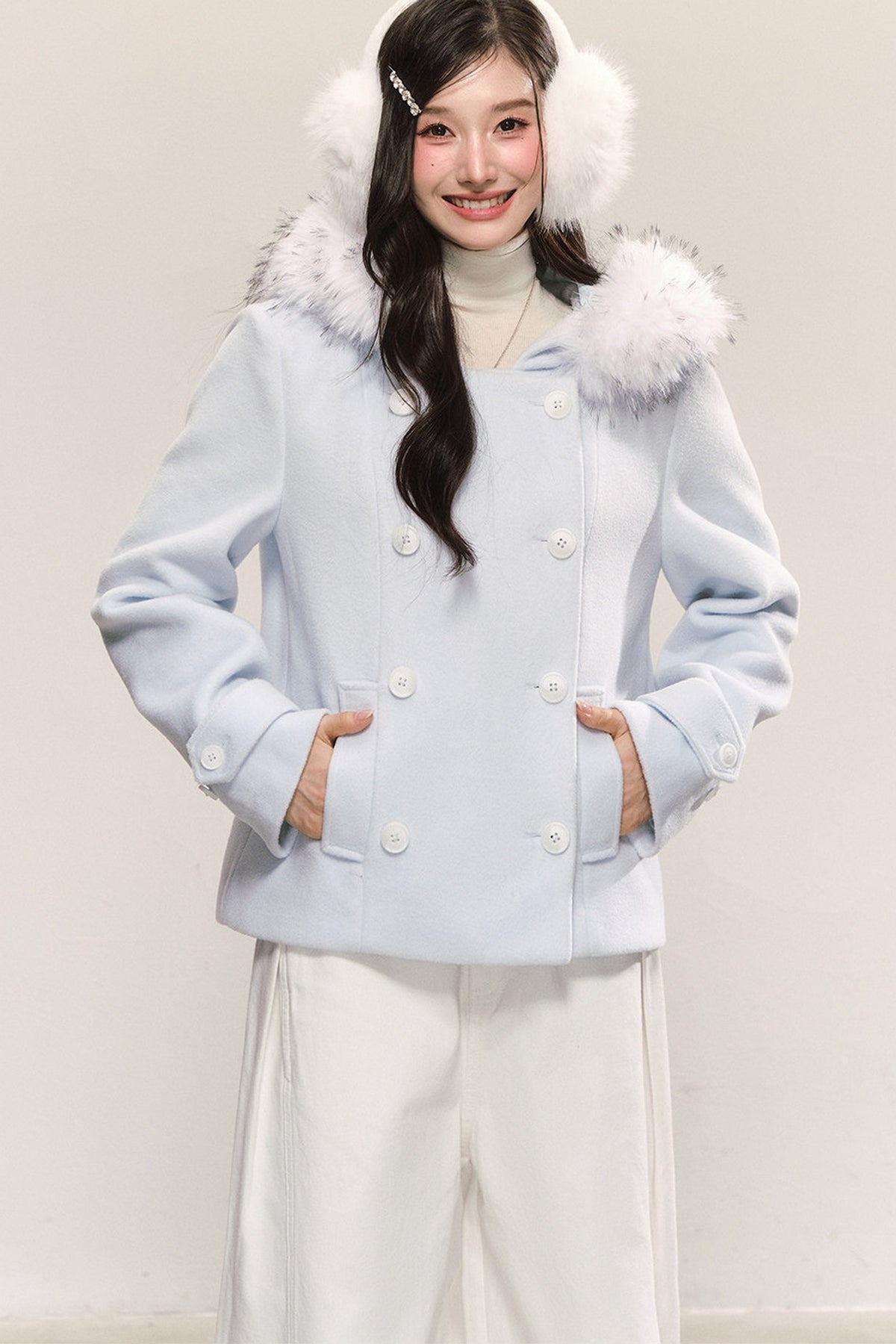 Double-Breasted Detachable Fur Collar Hooded Jacket