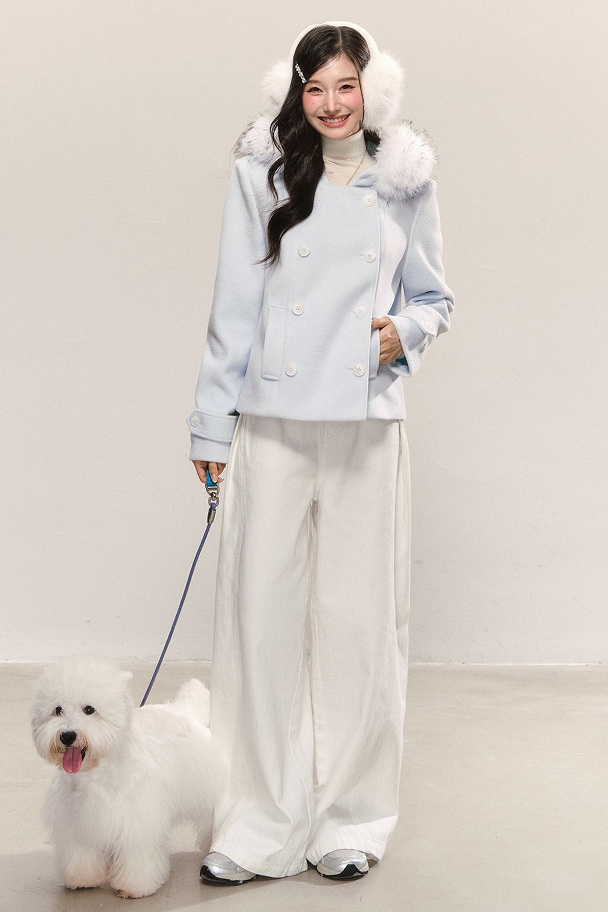 Double-Breasted Detachable Fur Collar Hooded Jacket