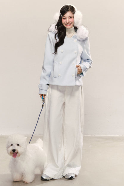 Double-Breasted Detachable Fur Collar Hooded Jacket