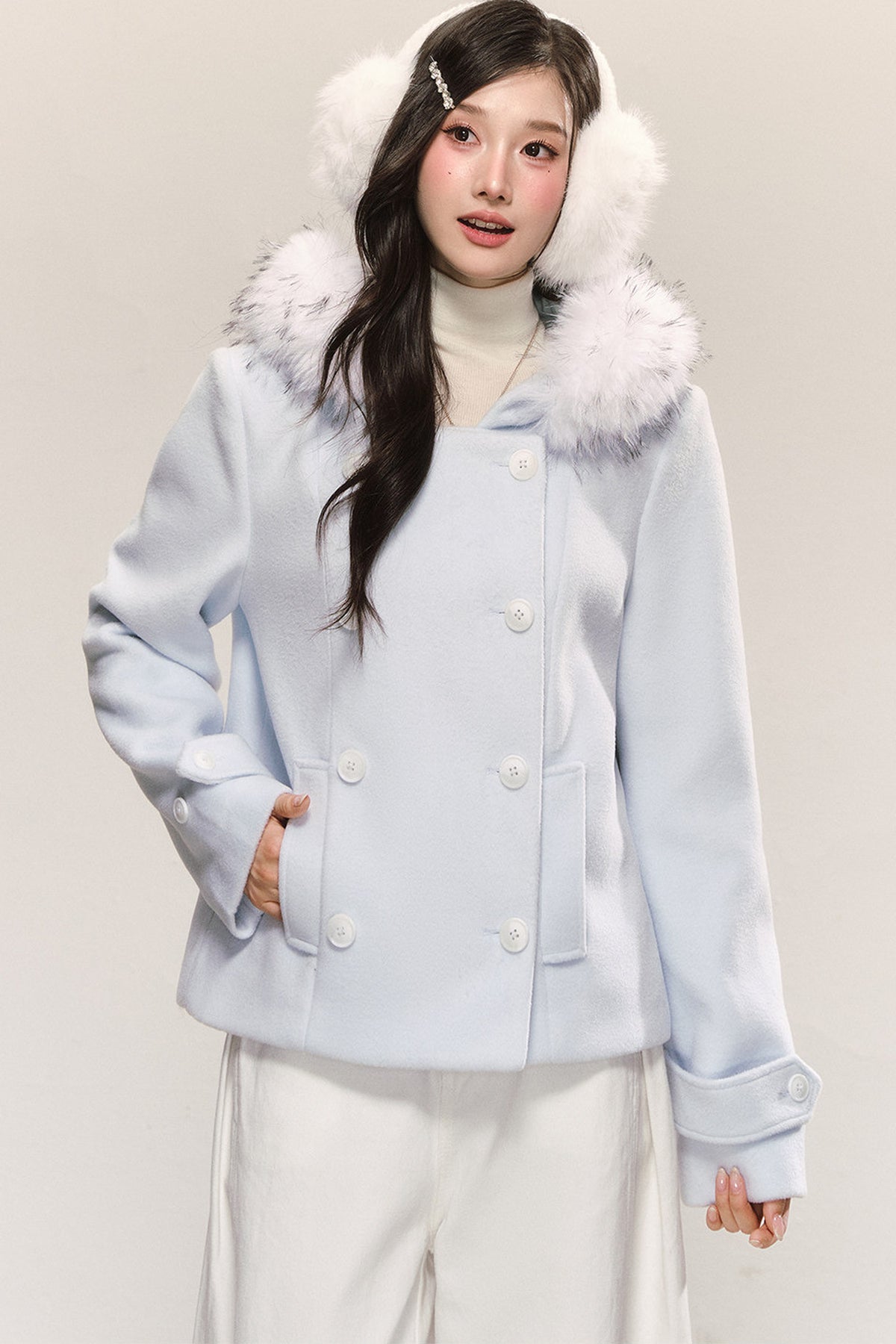 Double-Breasted Detachable Fur Collar Hooded Jacket