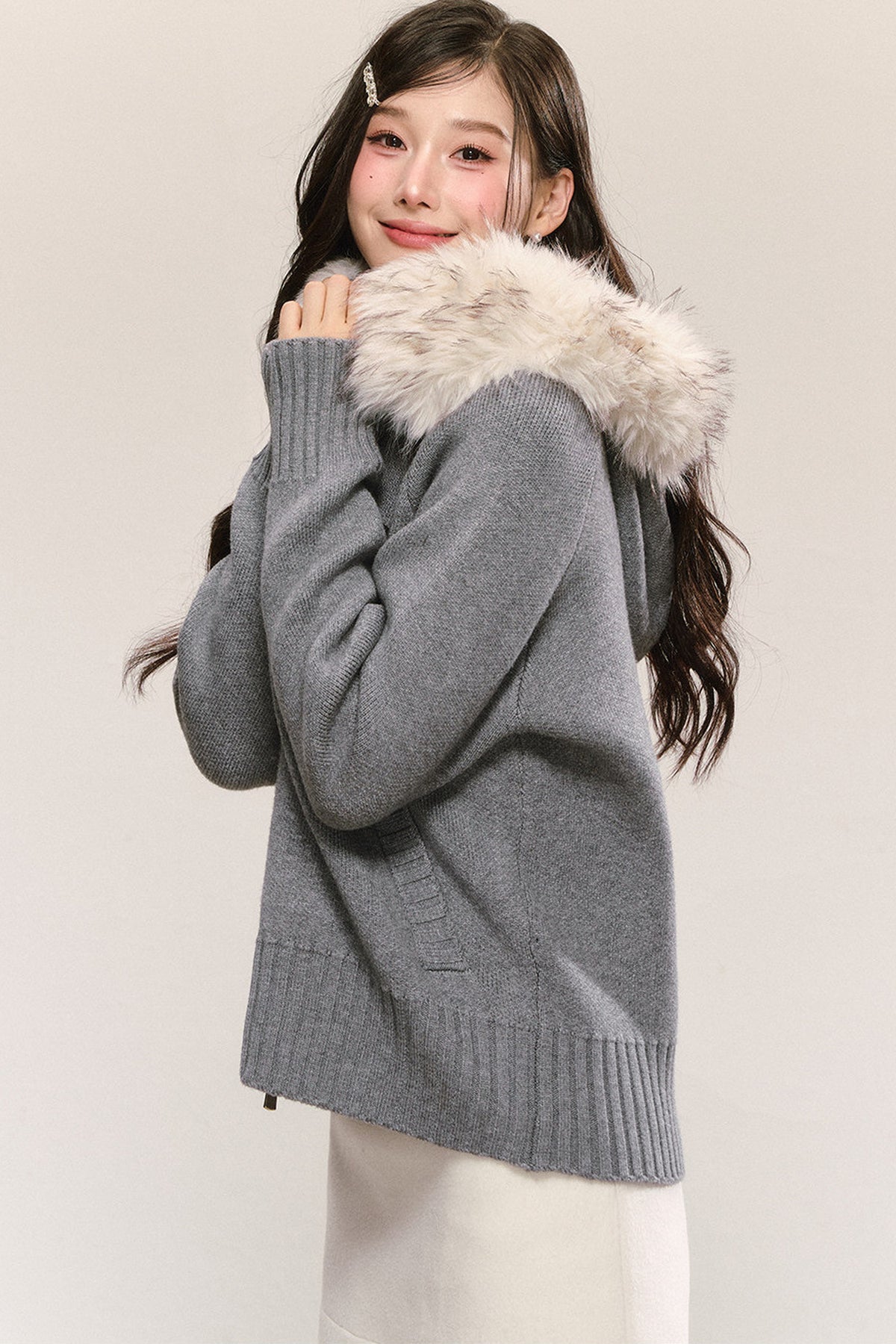 Detachable Fur Collar Hooded Knit Cardigan