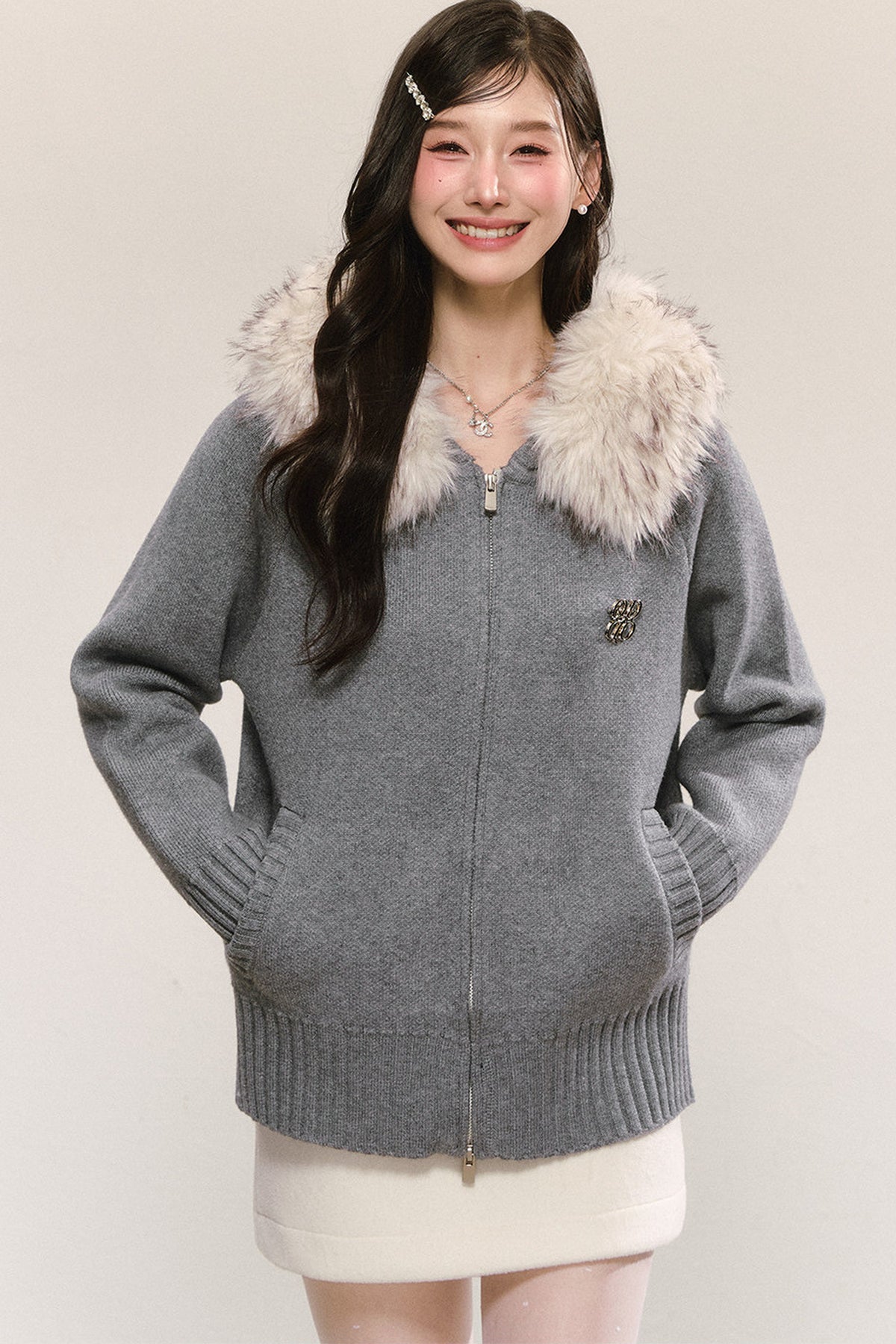 Detachable Fur Collar Hooded Knit Cardigan