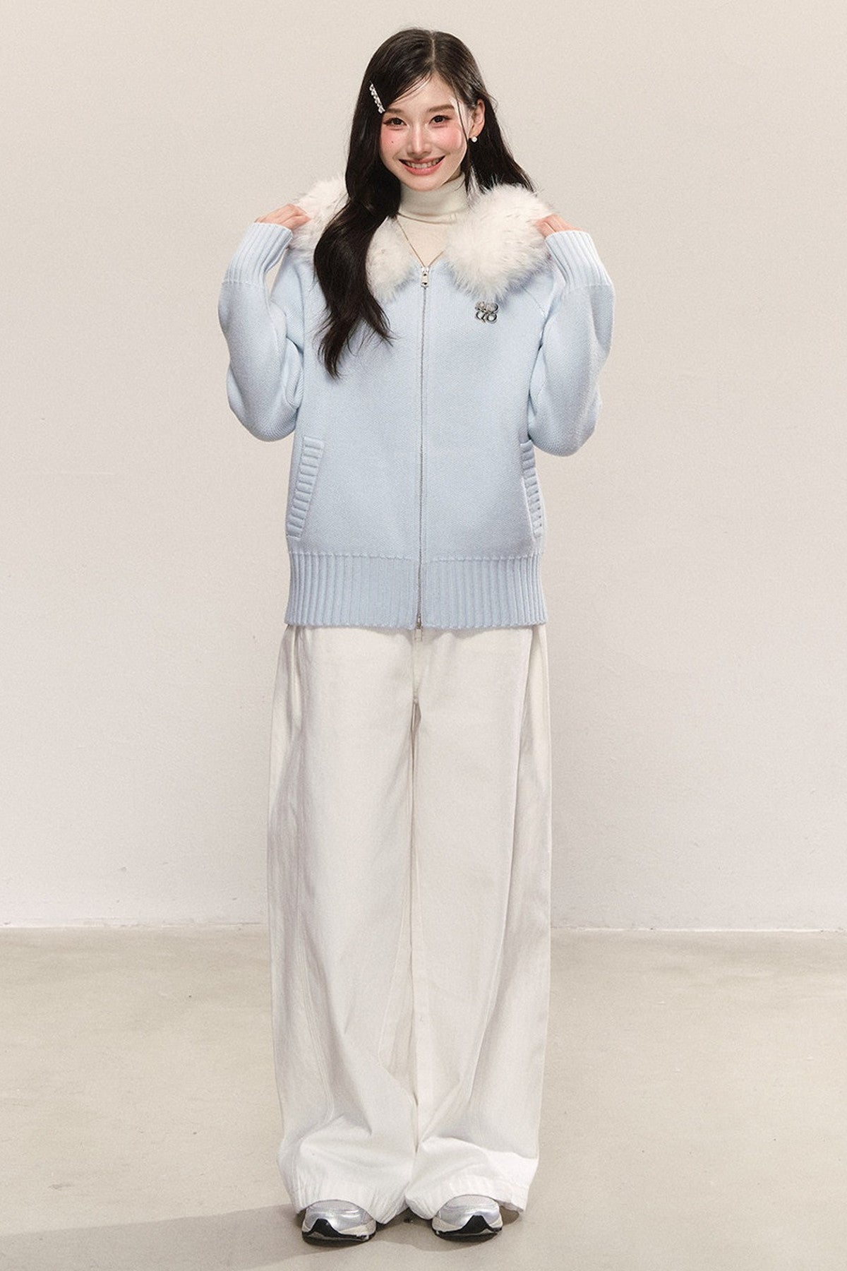 Detachable Fur Collar Hooded Knit Cardigan