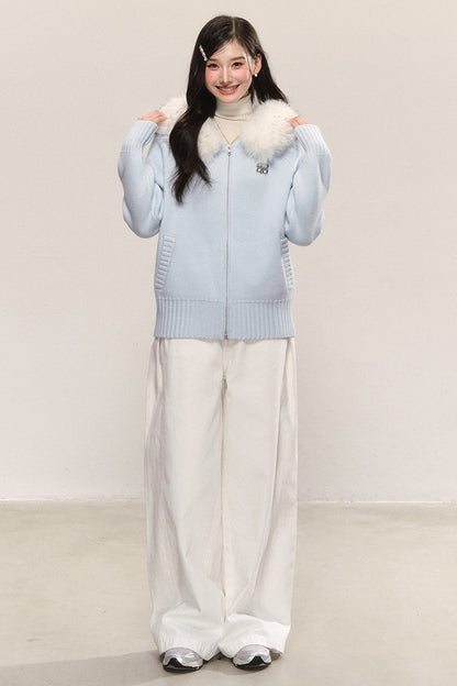 Detachable Fur Collar Hooded Knit Cardigan