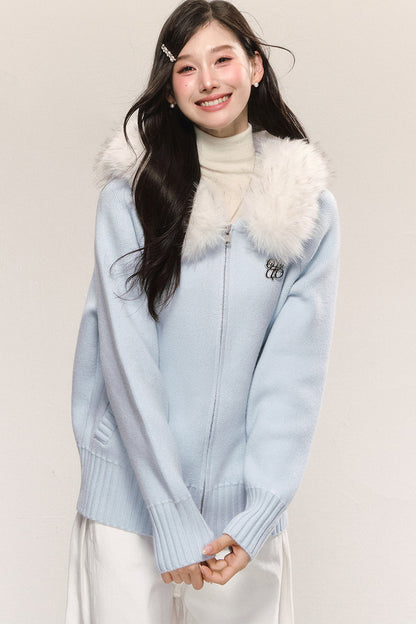 Detachable Fur Collar Hooded Knit Cardigan