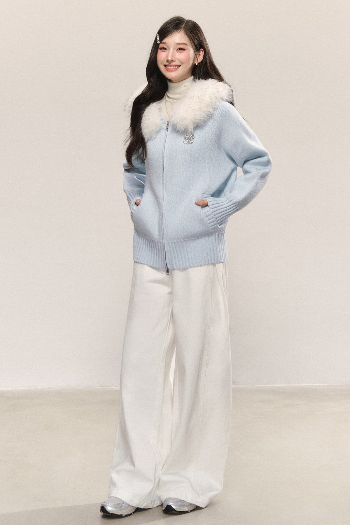 Detachable Fur Collar Hooded Knit Cardigan