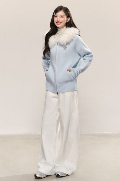 Detachable Fur Collar Hooded Knit Cardigan