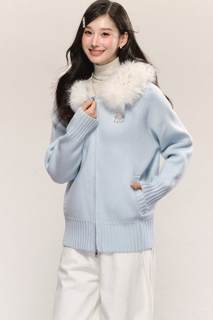Detachable Fur Collar Hooded Knit Cardigan
