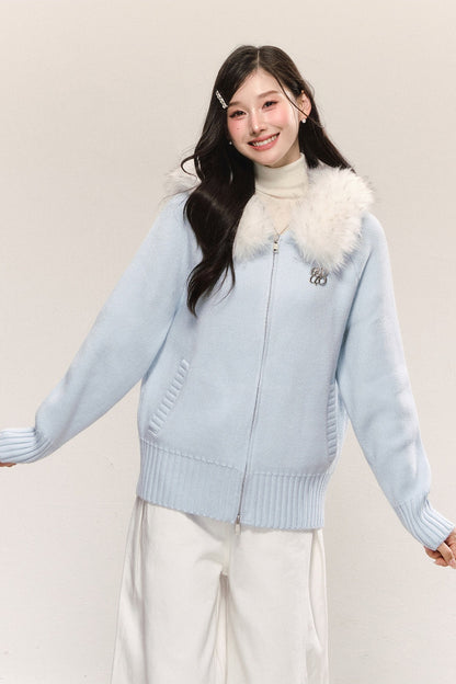 Detachable Fur Collar Hooded Knit Cardigan