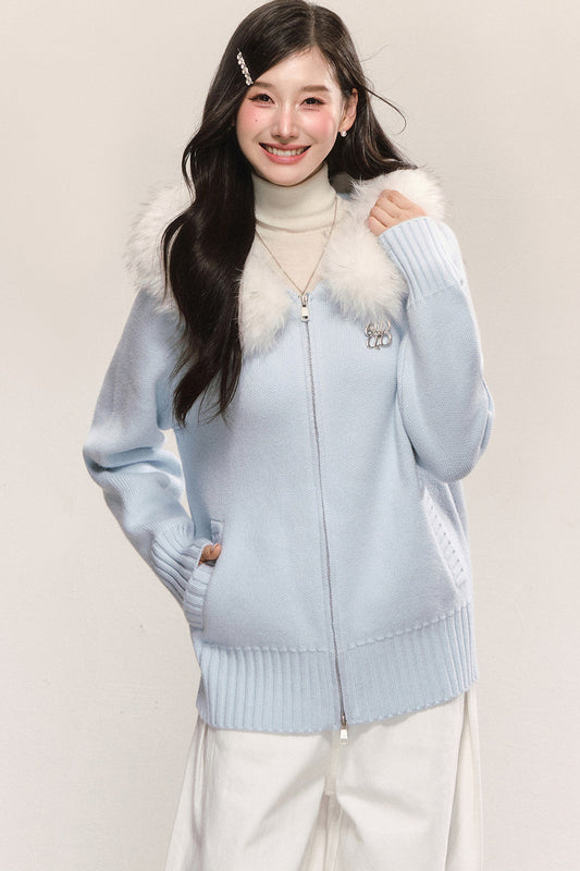 Detachable Fur Collar Hooded Knit Cardigan