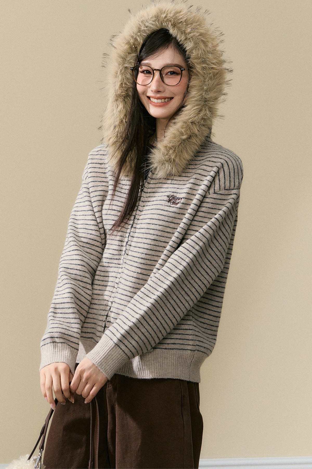 Striped Wool Knit Cardigan and Pants Set-Up