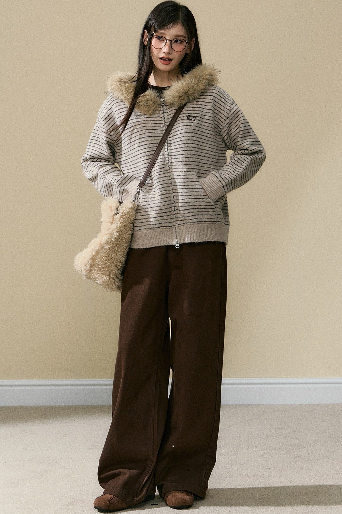 Striped Wool Knit Cardigan and Pants Set-Up