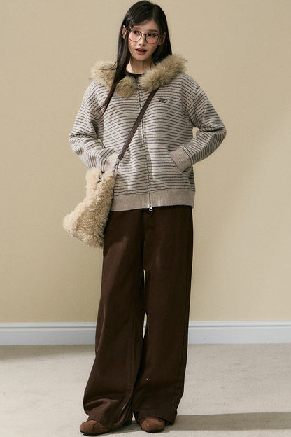 Striped Wool Knit Cardigan and Pants Set-Up
