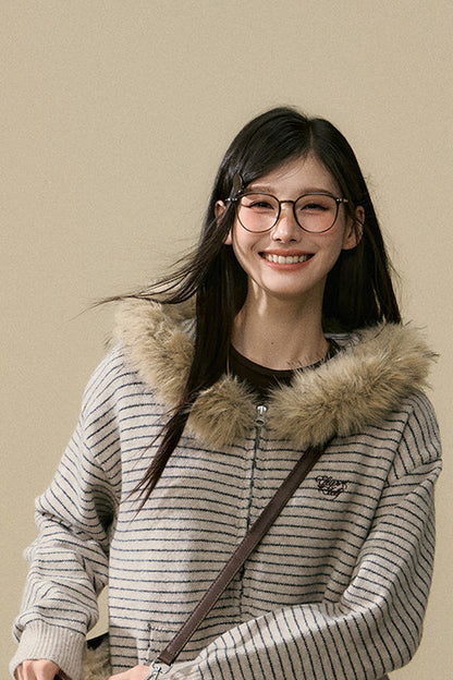 Striped Wool Knit Cardigan and Pants Set-Up
