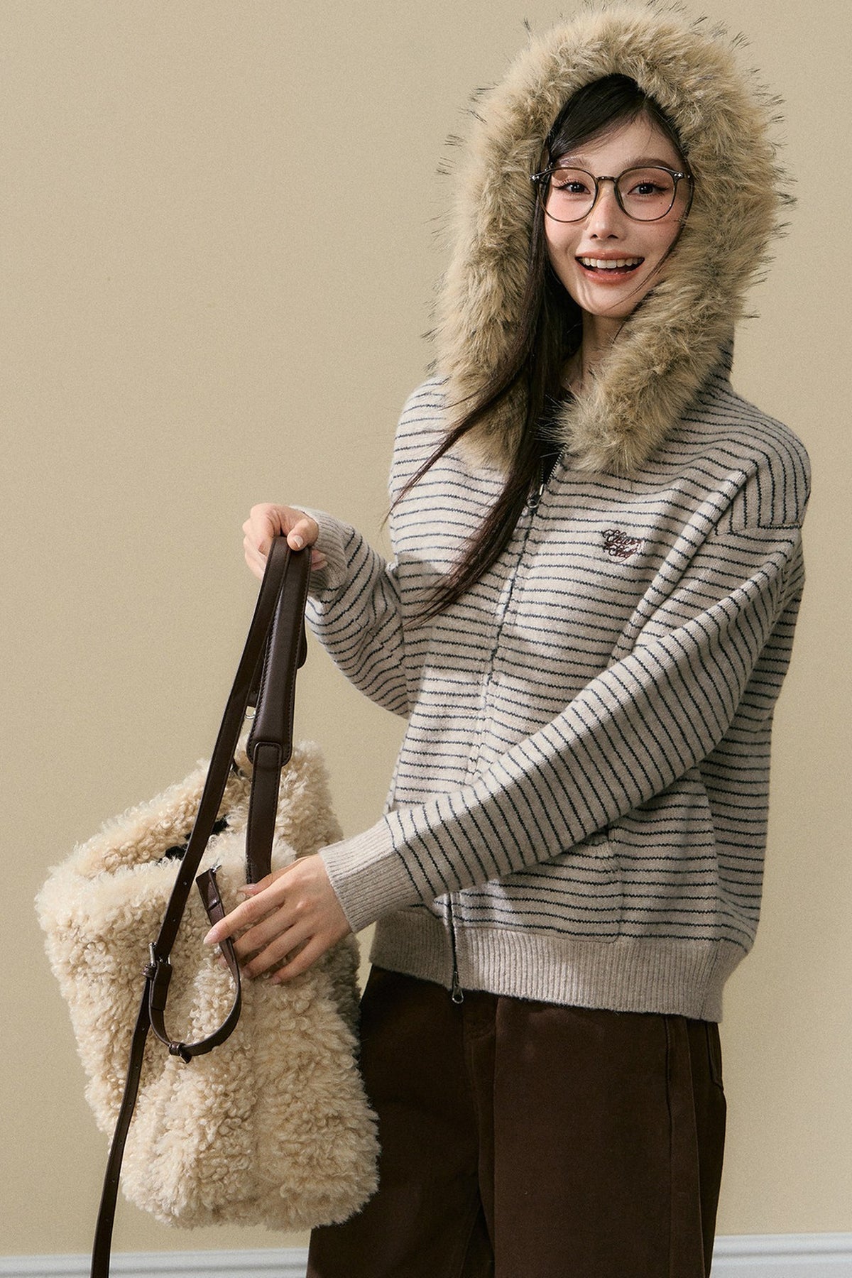 Striped Wool Knit Cardigan and Pants Set-Up