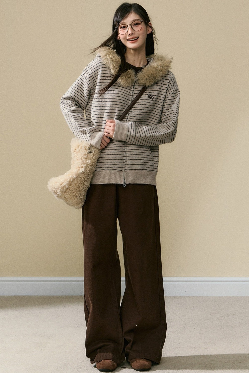 Striped Wool Knit Cardigan and Pants Set-Up