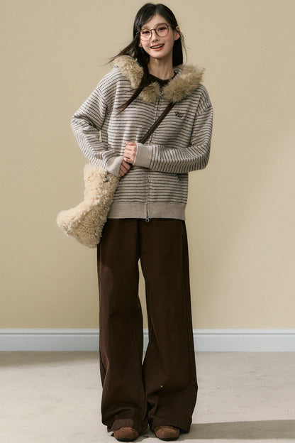 Striped Wool Knit Cardigan and Pants Set-Up