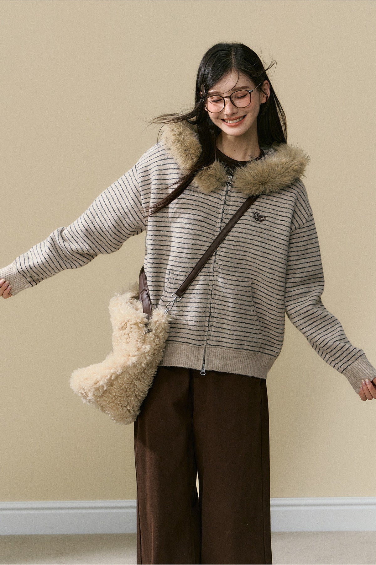 Striped Wool Knit Cardigan and Pants Set-Up