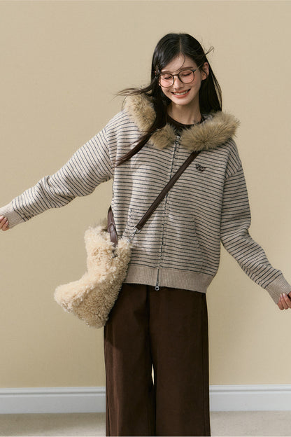 Striped Wool Knit Cardigan and Pants Set-Up