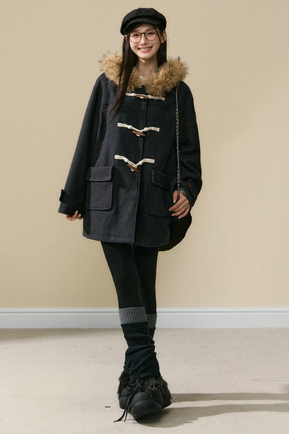 Wool Toggle Detachable Fur Collar Coat