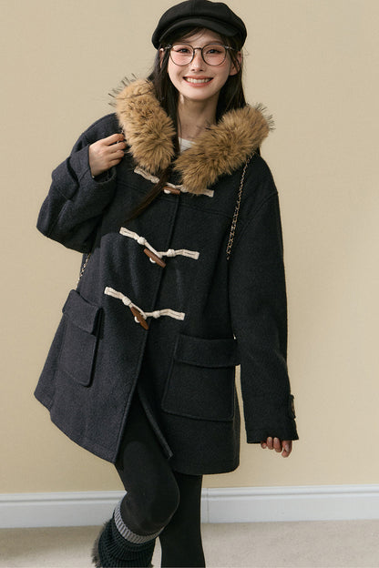 Wool Toggle Detachable Fur Collar Coat