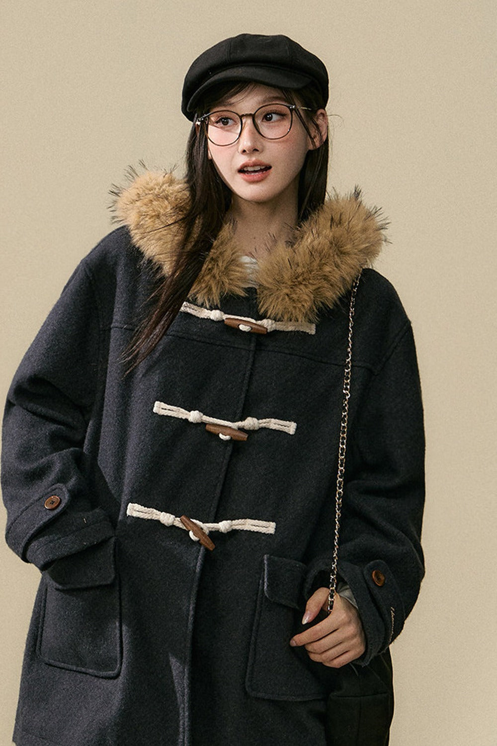 Wool Toggle Detachable Fur Collar Coat