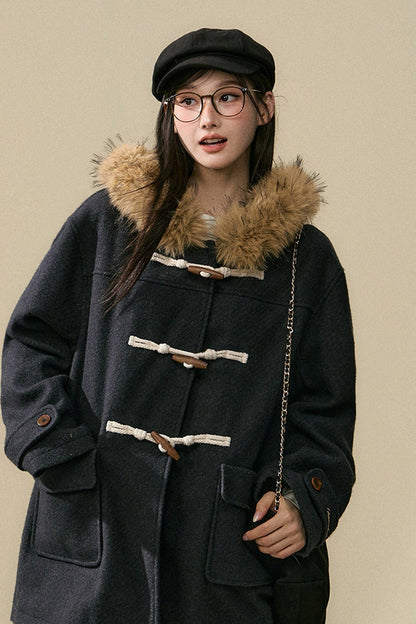 Wool Toggle Detachable Fur Collar Coat