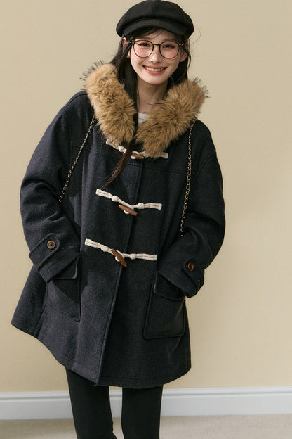 Wool Toggle Detachable Fur Collar Coat