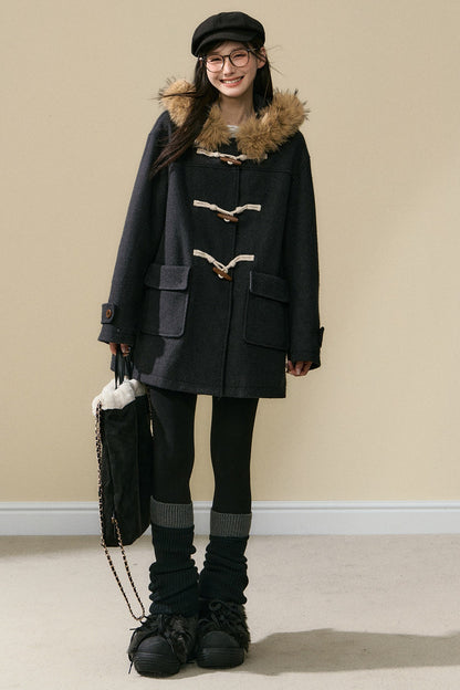 Wool Toggle Detachable Fur Collar Coat