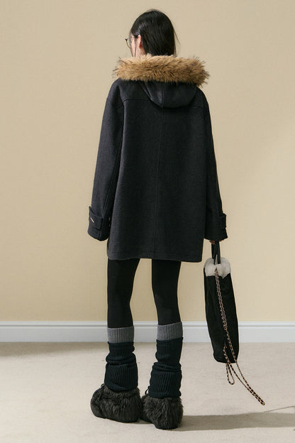 Wool Toggle Detachable Fur Collar Coat