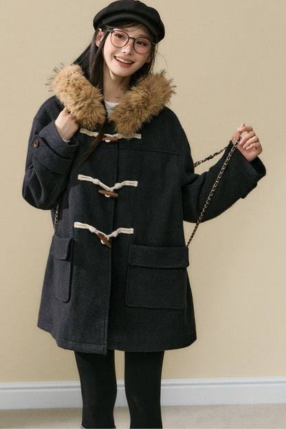 Wool Toggle Detachable Fur Collar Coat
