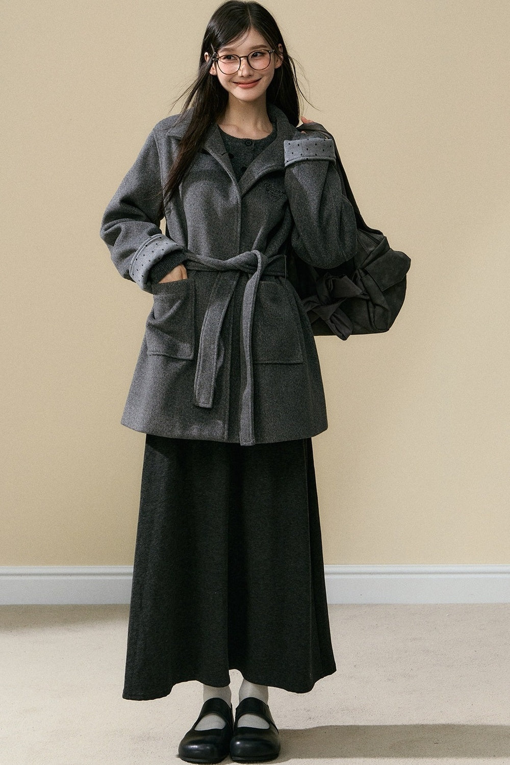 Polka Dot Sleeve Woolen Coat