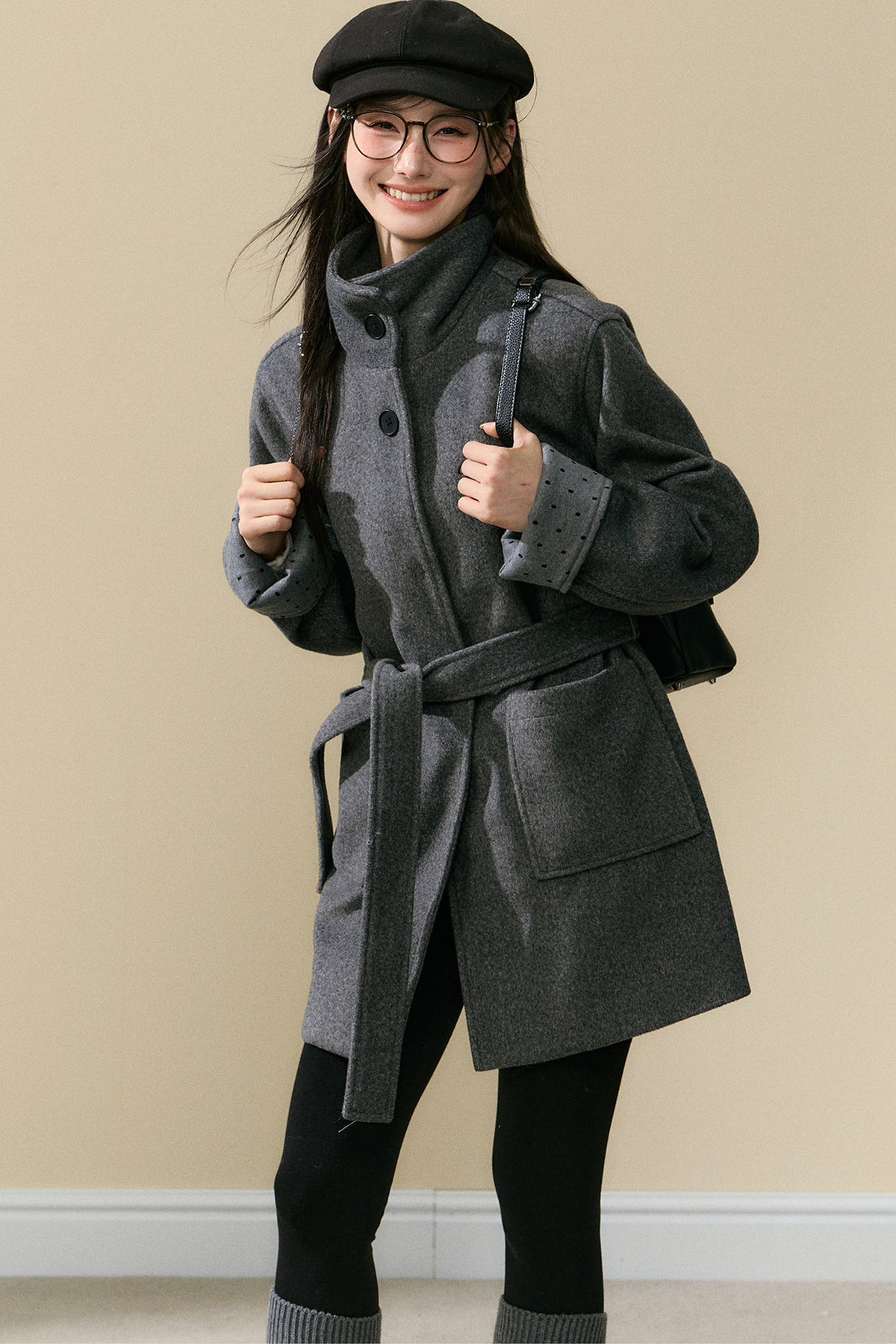 Polka Dot Sleeve Woolen Coat