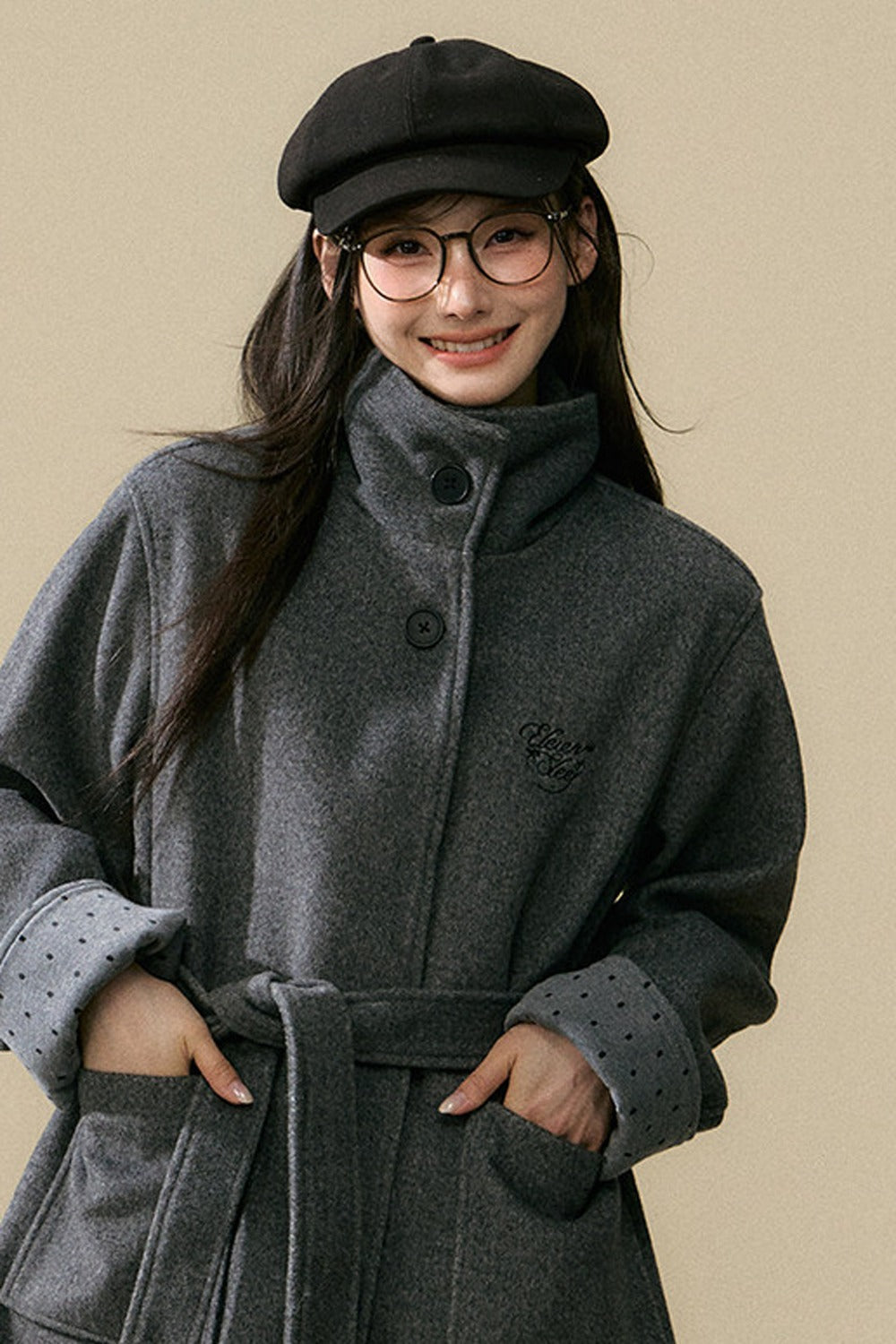 Polka Dot Sleeve Woolen Coat