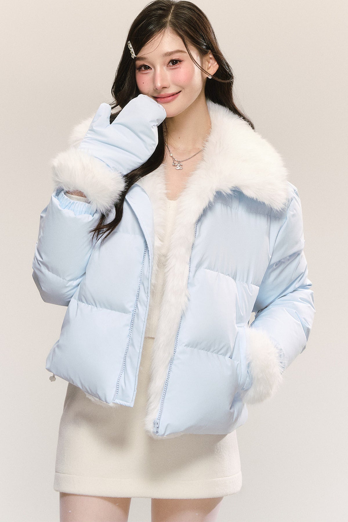 Blue Fur Collar White Duck Down Jacket and Skirt Set-Up