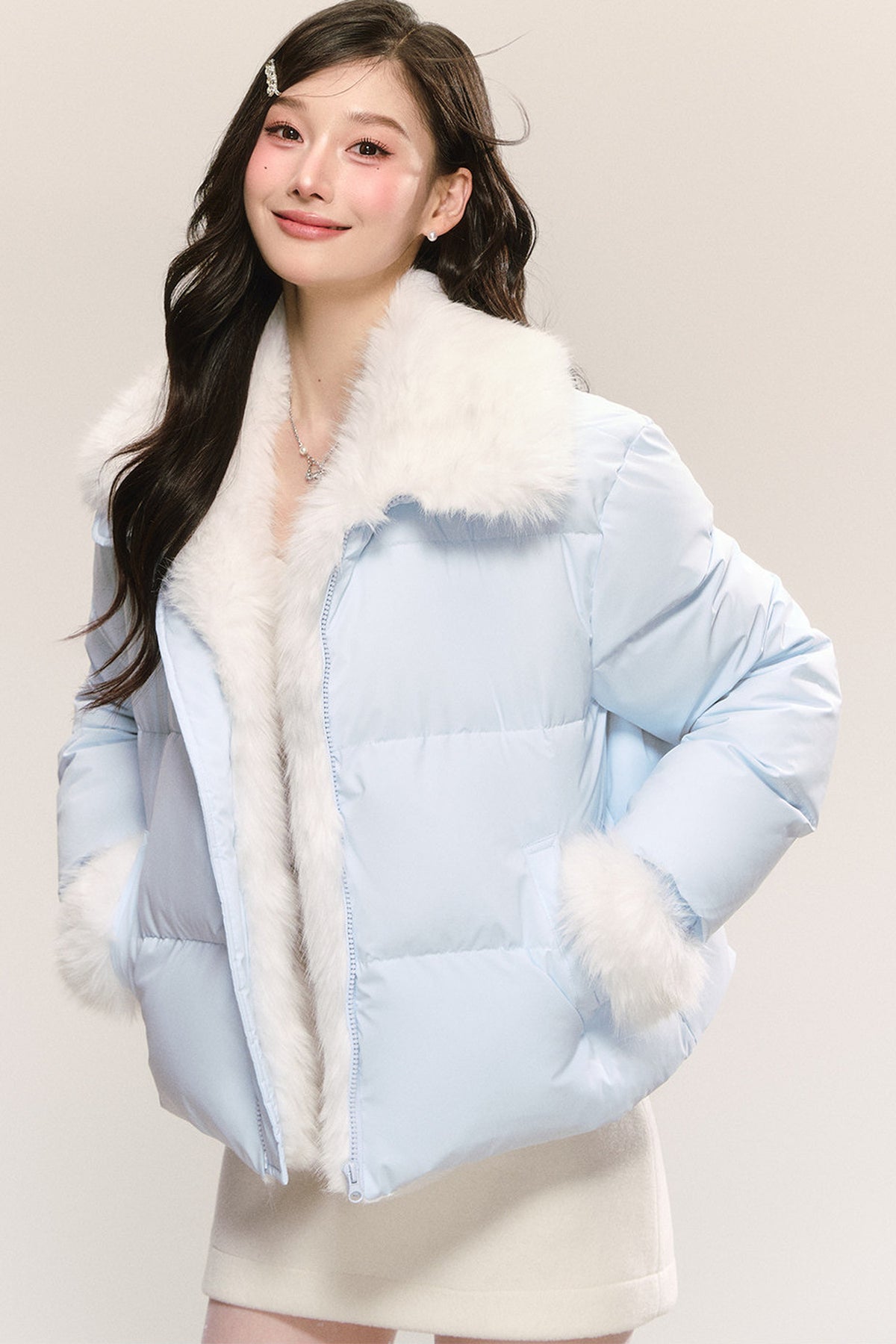 Blue Fur Collar White Duck Down Jacket and Skirt Set-Up