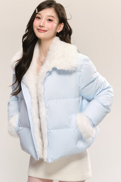 Blue Fur Collar White Duck Down Jacket and Skirt Set-Up