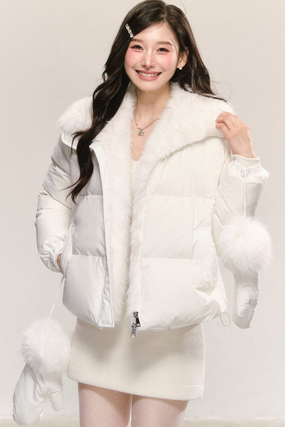 Blue Fur Collar White Duck Down Jacket and Skirt Set-Up