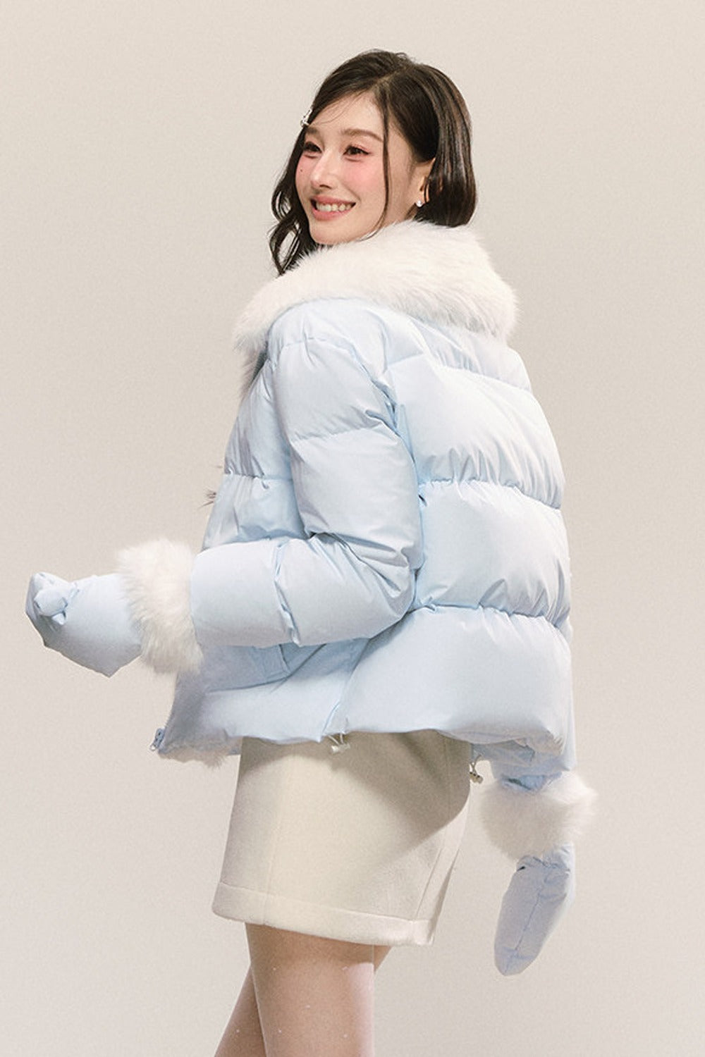 Blue Fur Collar White Duck Down Jacket and Skirt Set-Up