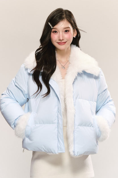 Blue Fur Collar White Duck Down Jacket and Skirt Set-Up