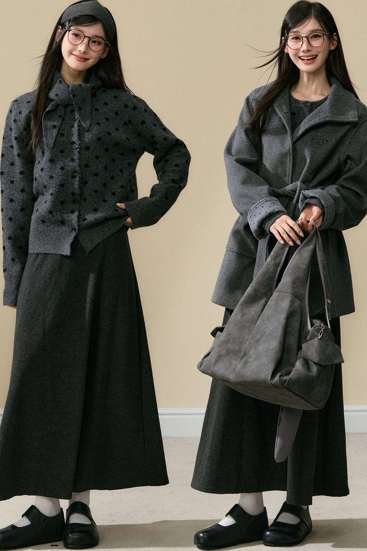Polka Dot Wool Cardigan and Long Skirt Set-Up