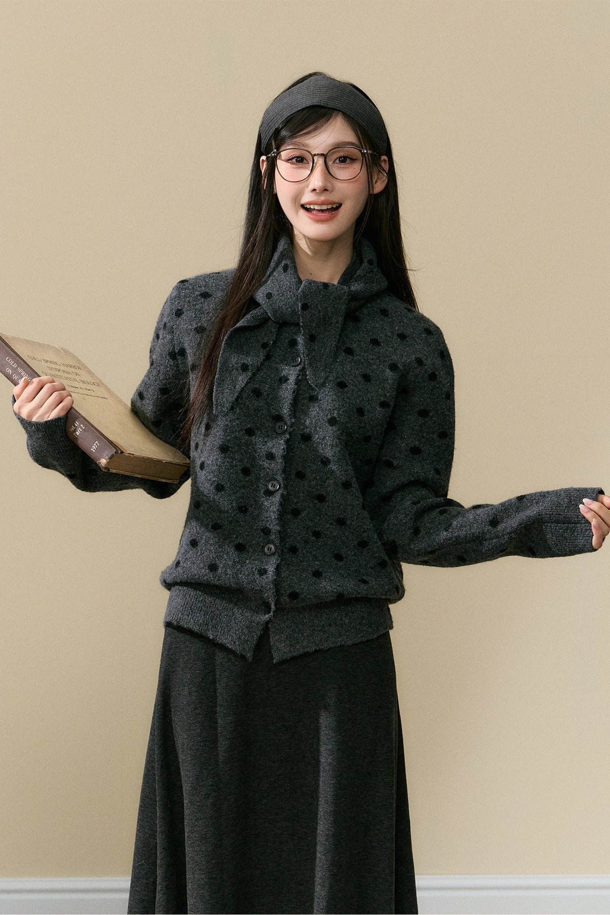 Polka Dot Wool Cardigan and Long Skirt Set-Up