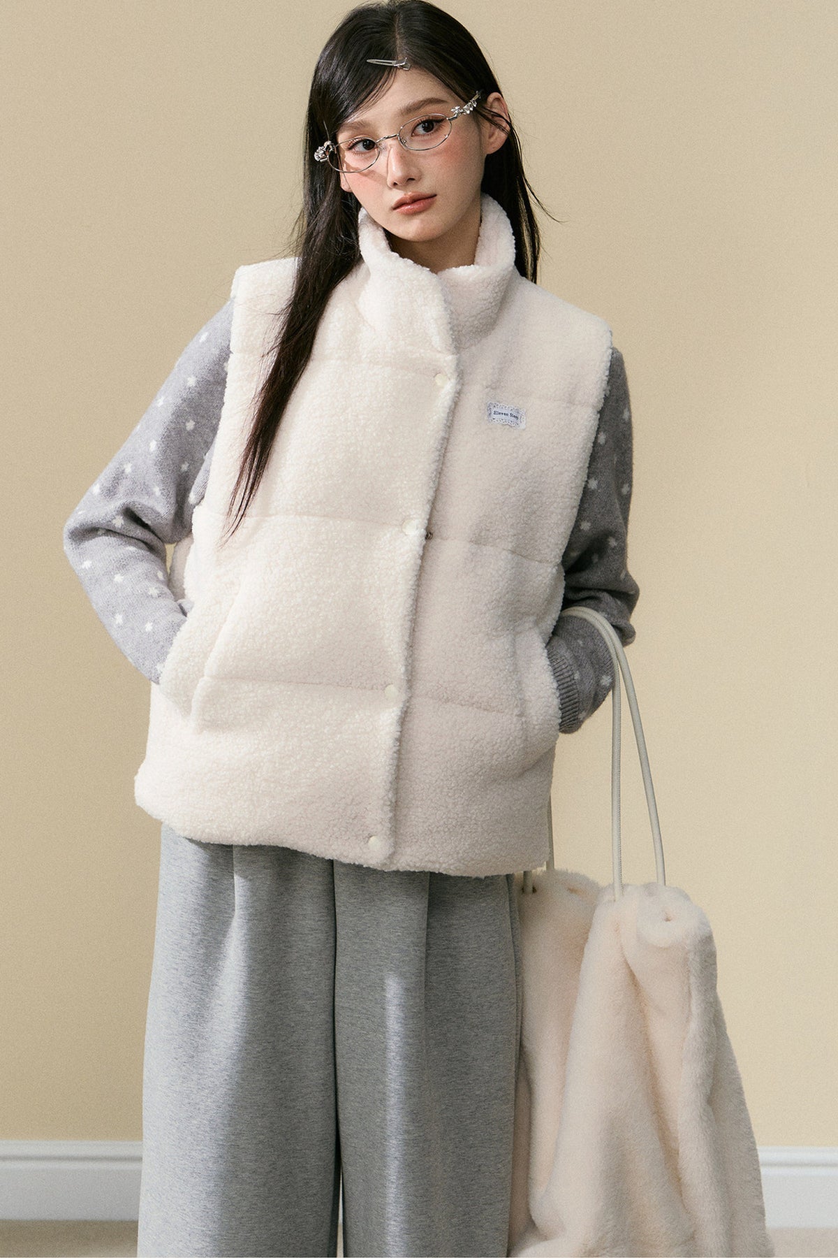 Plush Stand Collar Vest and Trousers Set-Up